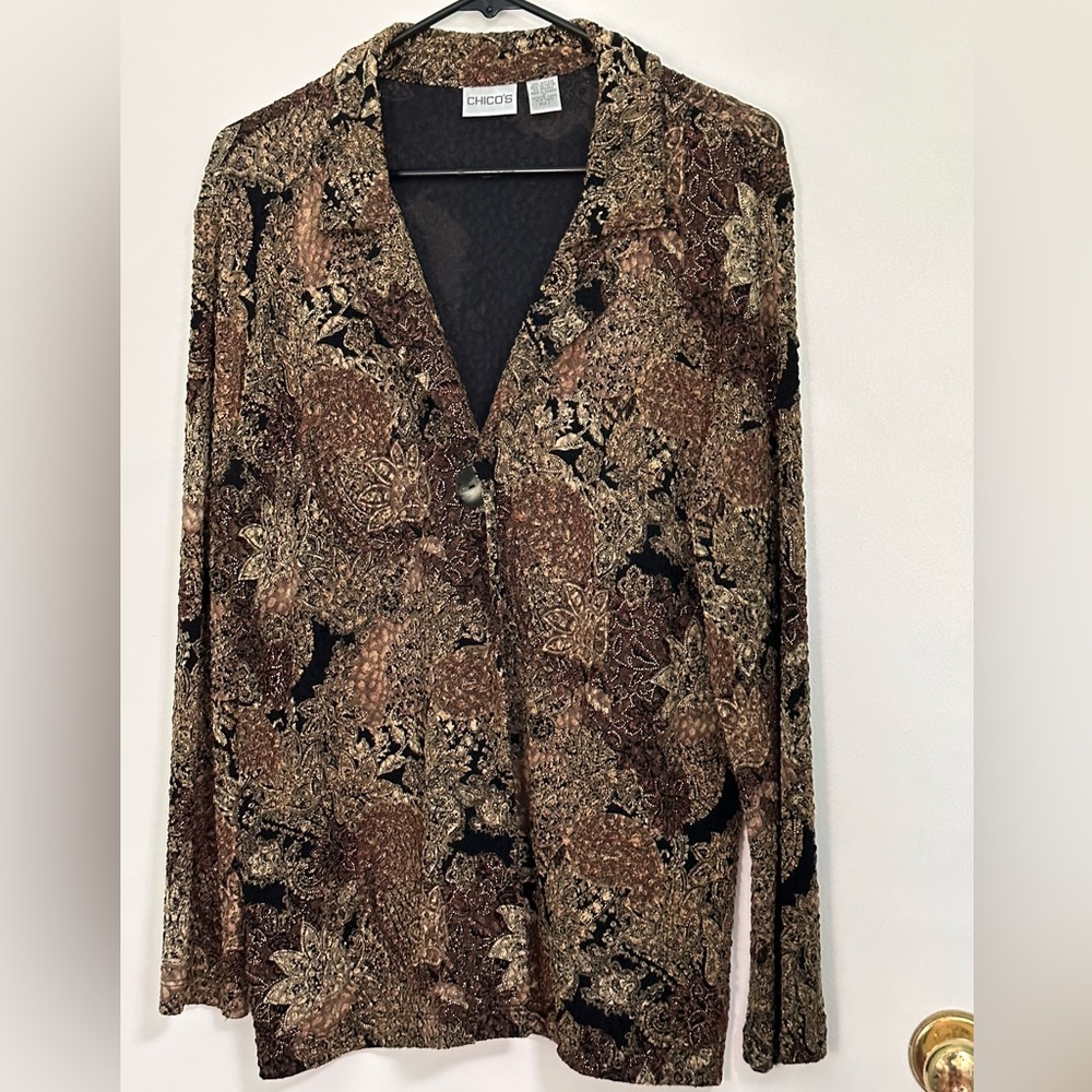 Chicos size 2 black, old gold and bronze stretch blazer style jacket